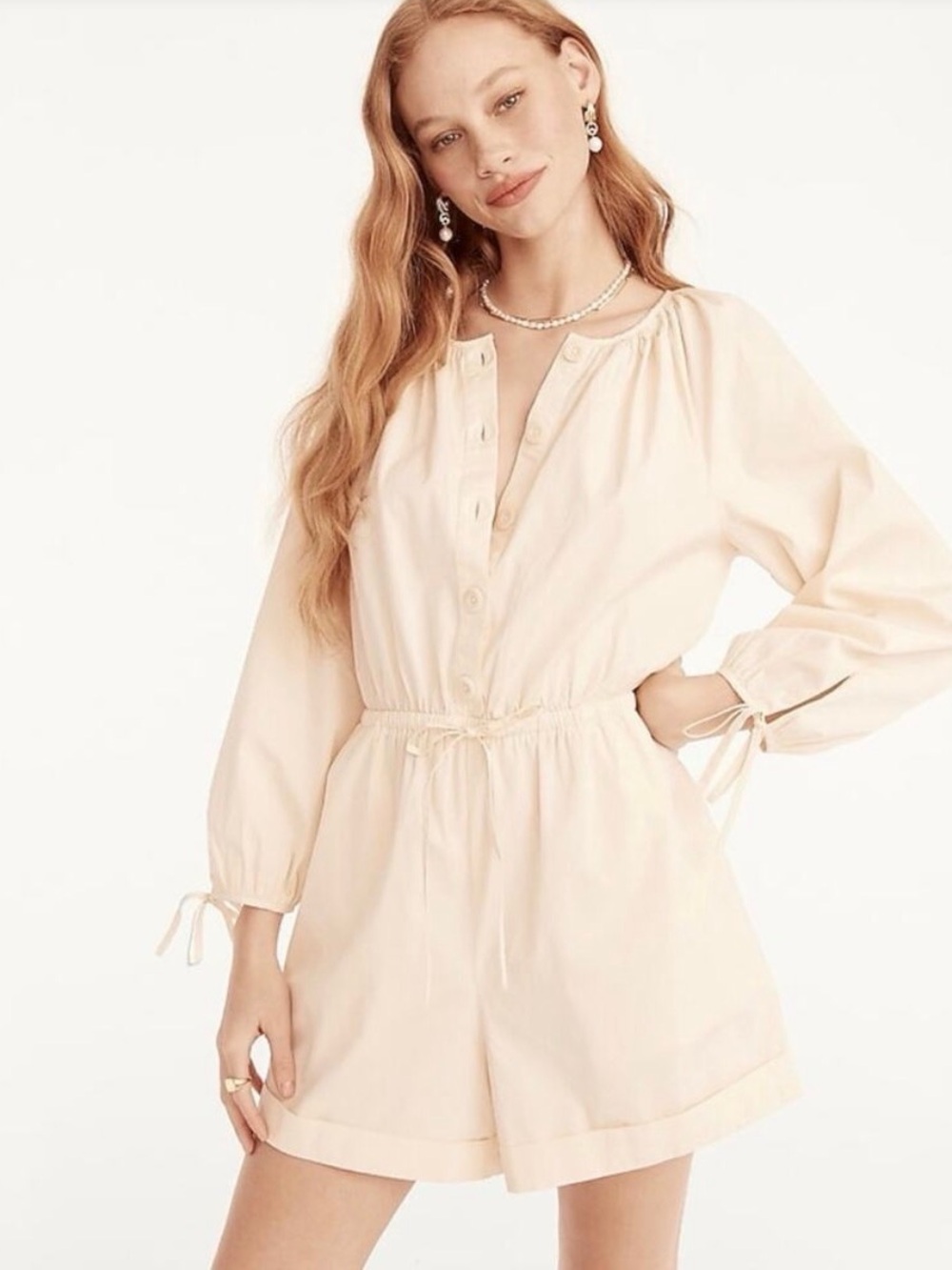 J.Crew Cotton Poplin Tie Sleeve Button Front Romper Size Large